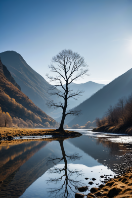 湖中央的树山脉高清风景图片