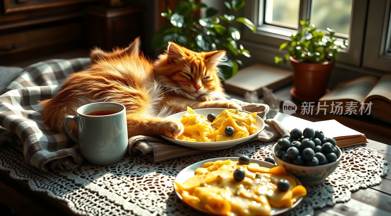 阳光下的橘猫与美食