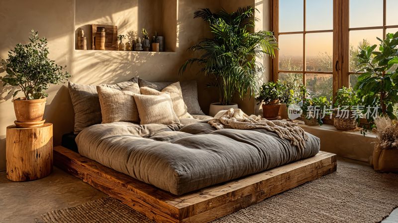 室内绿植环绕的温馨木质床铺