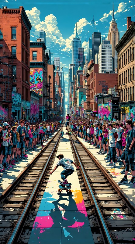 滑板少年飞跃铁轨