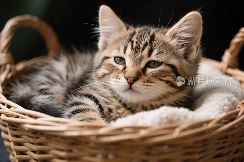 小猫惬意躺于篮中