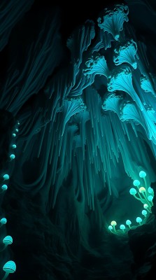 神秘洞穴中的荧光蘑菇