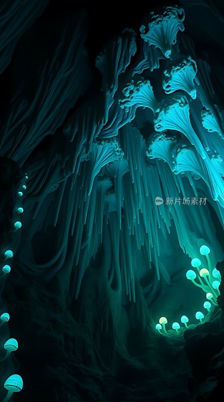 神秘洞穴中的荧光蘑菇