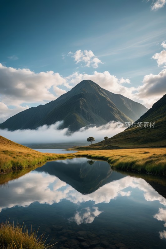 山峦倒映山谷中一条静止流动河流中