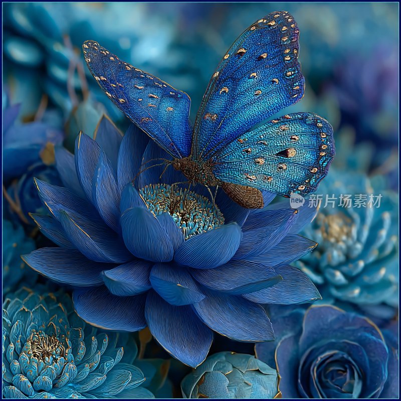 蓝蝴蝶停驻蓝花朵画面