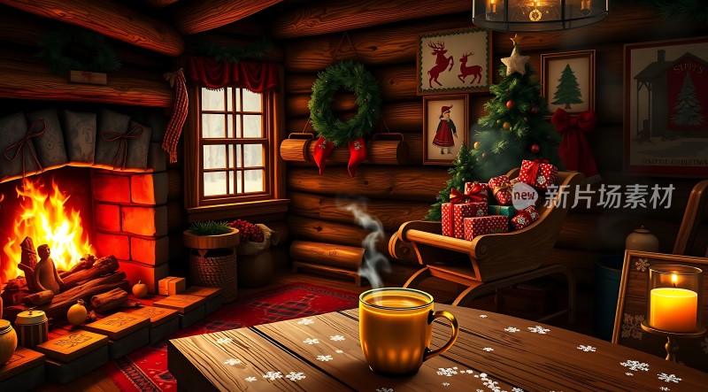 圣诞温馨小屋壁炉旁的热饮与礼物
