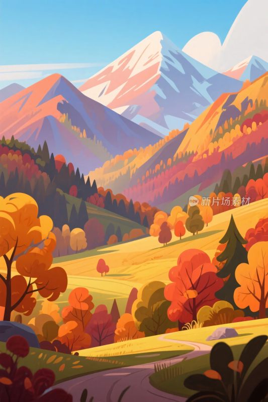 秋日山间美景插画
