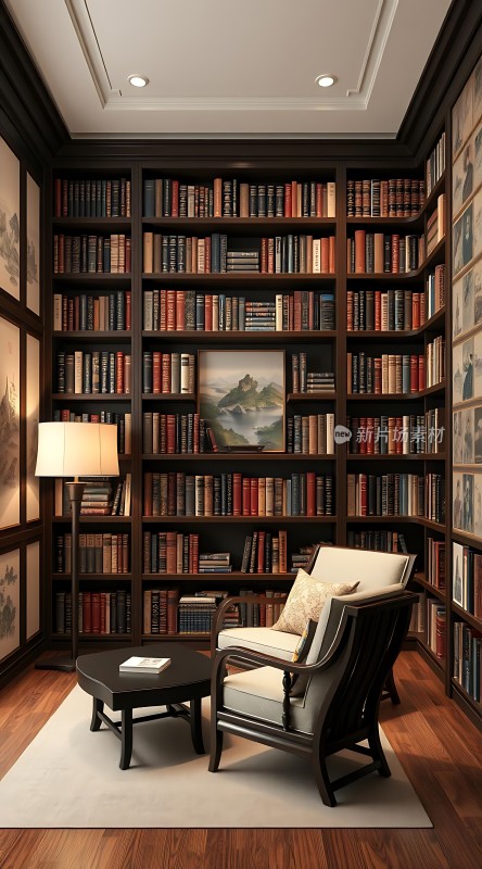 书架环绕的书房舒适阅读角落