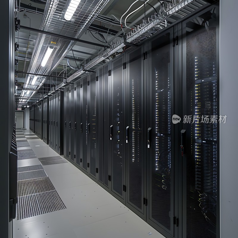 数据中心内部黑色服务器机柜与白色地板形成鲜明对比