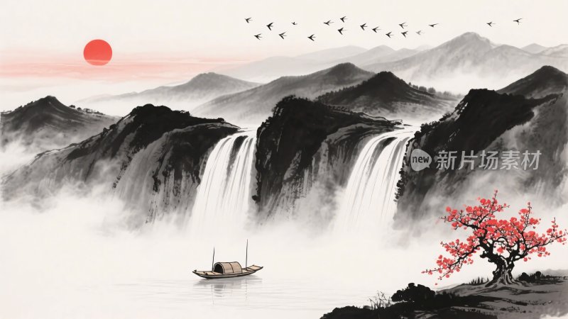 中式水墨山水瀑布景观图