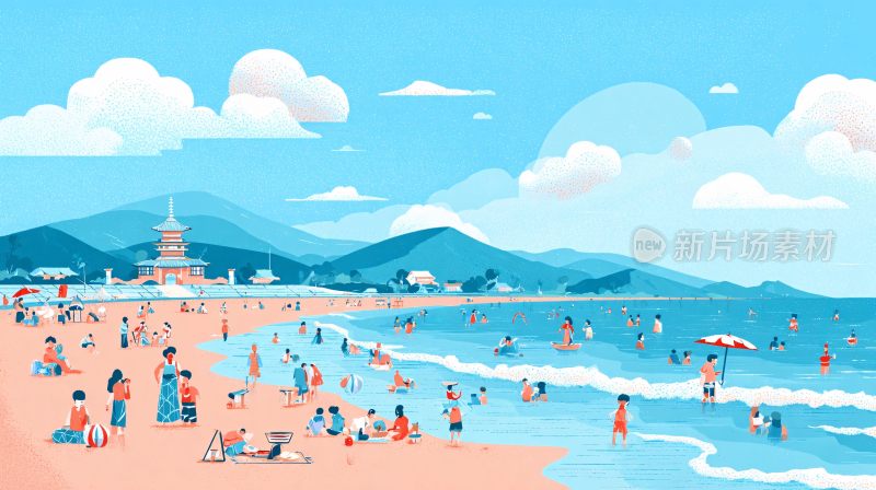 夏日热闹的海边度假场景