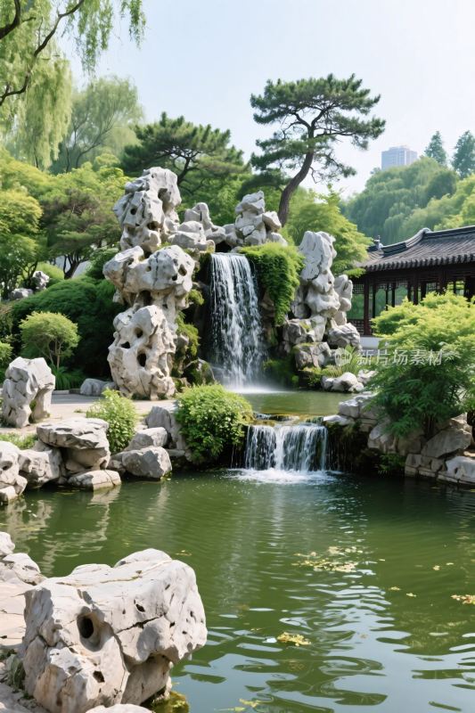 中式园林瀑布水景图