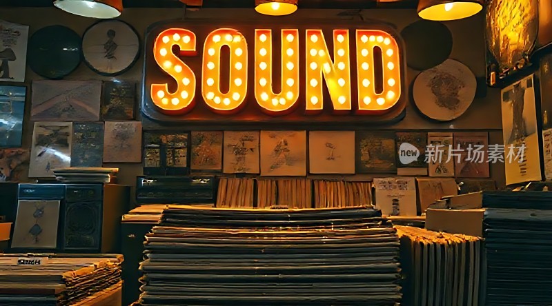 复古唱片店里的“SOUND”霓虹灯招牌