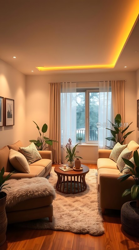温馨客厅舒适沙发精美装饰自然光线和谐氛围