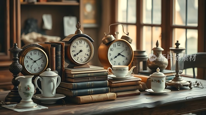 复古时钟与书籍静物