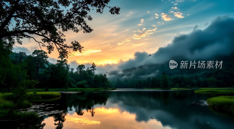 湖畔晨曦映彩霞雾绕山间树影斜