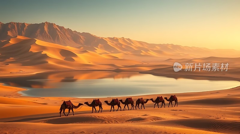 金色沙丘上的驼队