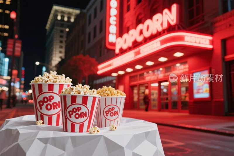 霓虹电影院爆米花夜景