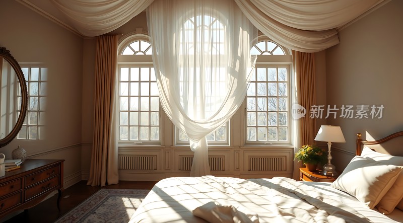 阳光洒满温馨卧室优雅窗帘映衬舒适床铺