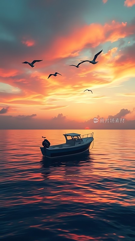 日落时分的海景一艘小船在平静的海面上航行天空中飞翔着几只鸟