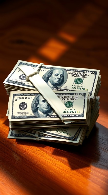 百元美钞堆叠金钱与财富的象征