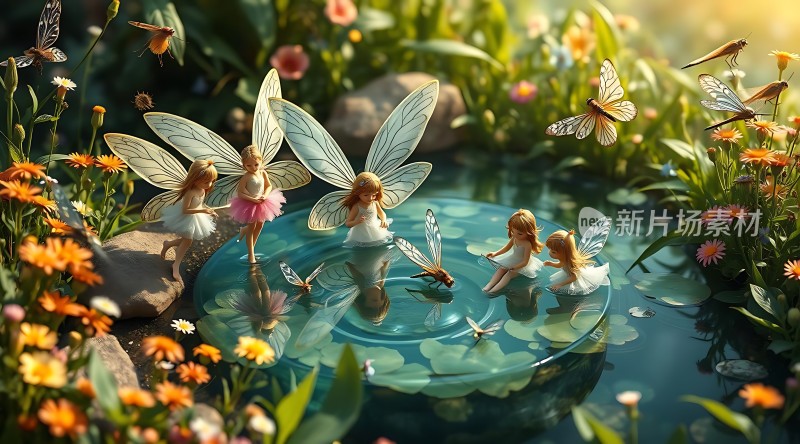 精灵嬉戏花丛间