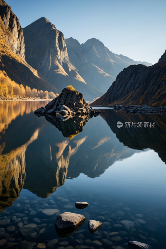 山倒映在有岩石和水的湖中高清风景图片