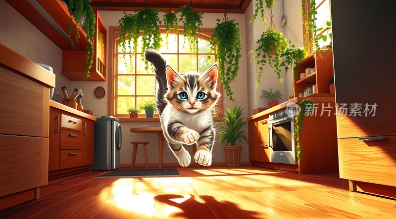 阳光下的可爱小猫在厨房里奔跑