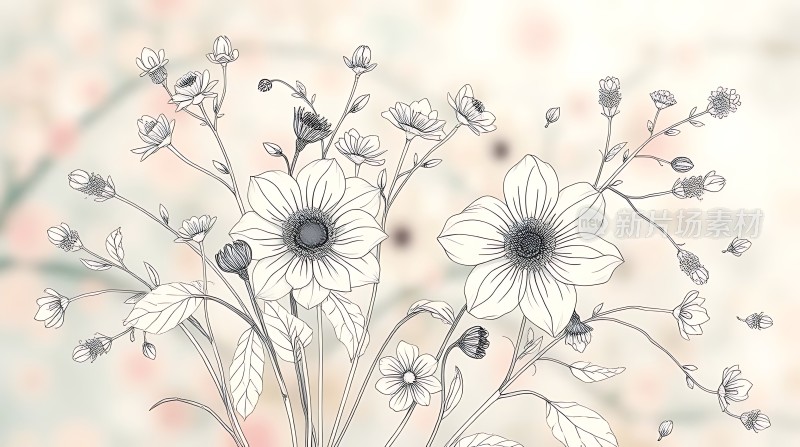黑白线条花卉插画