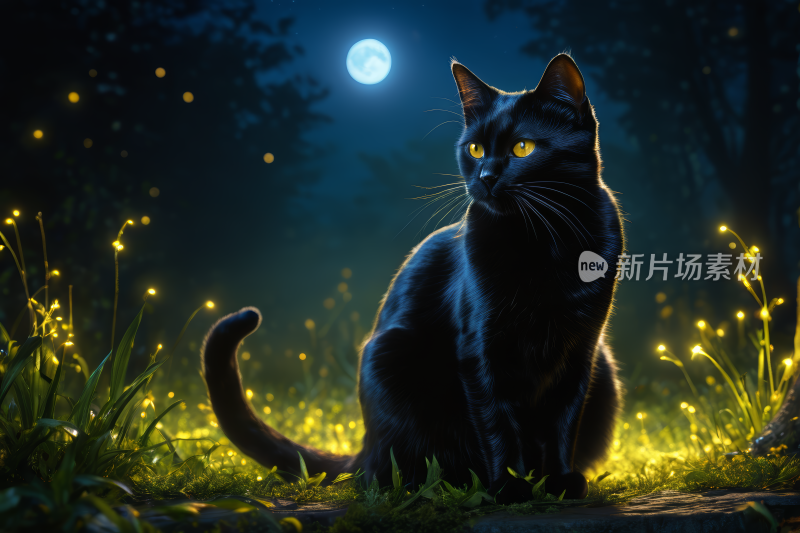 晚上一只黑猫坐在草丛里高清图片