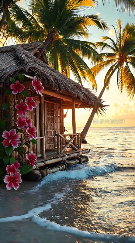 椰林小屋海浪轻拍繁花似锦日落时分