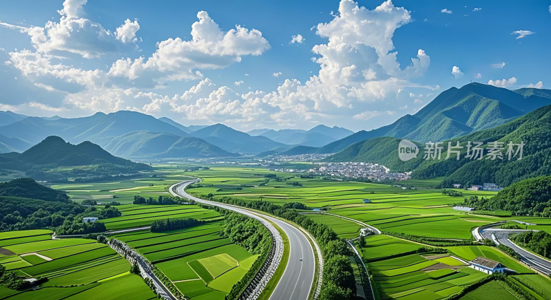 航拍山区公路蜿蜒河流碧绿田园自然风光背景