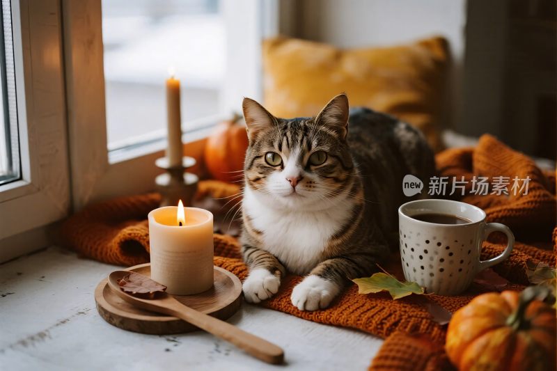 窗边猫咪与温馨秋日场景
