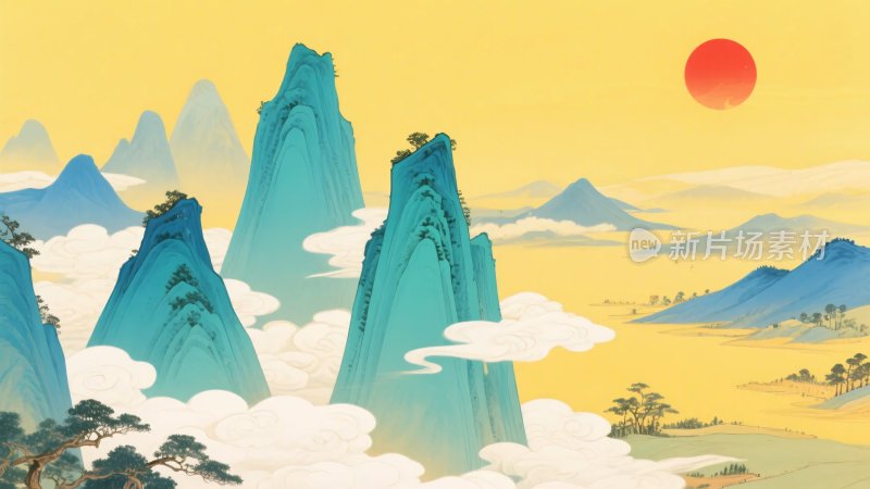 中式山水日出风景图