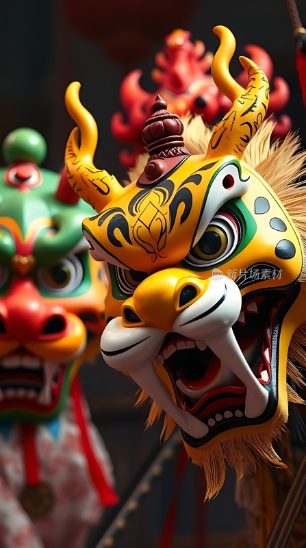 龙舞节庆色彩斑斓的龙头面具展示