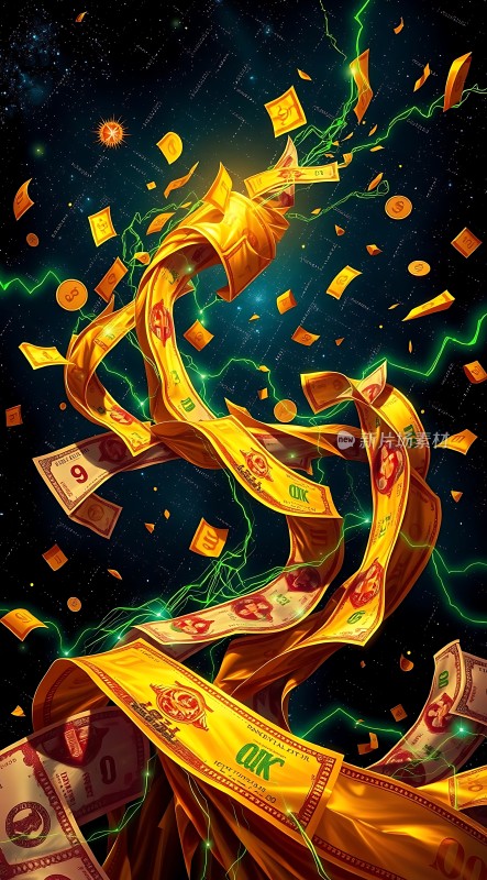 金钱风暴美元与金币在绿色电光中飞舞