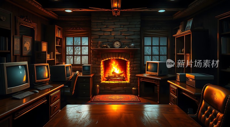 温馨书房里的温暖壁炉与复古电脑