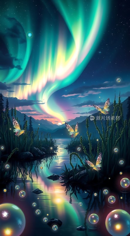 极光下的梦幻夜空