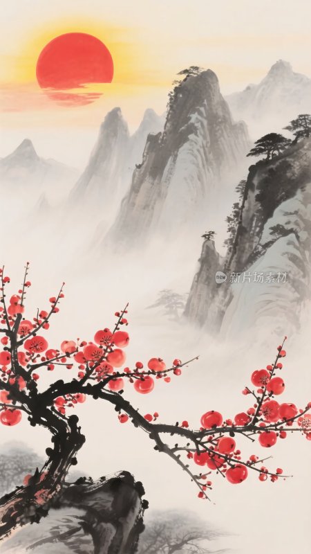 红梅映山红日山水画
