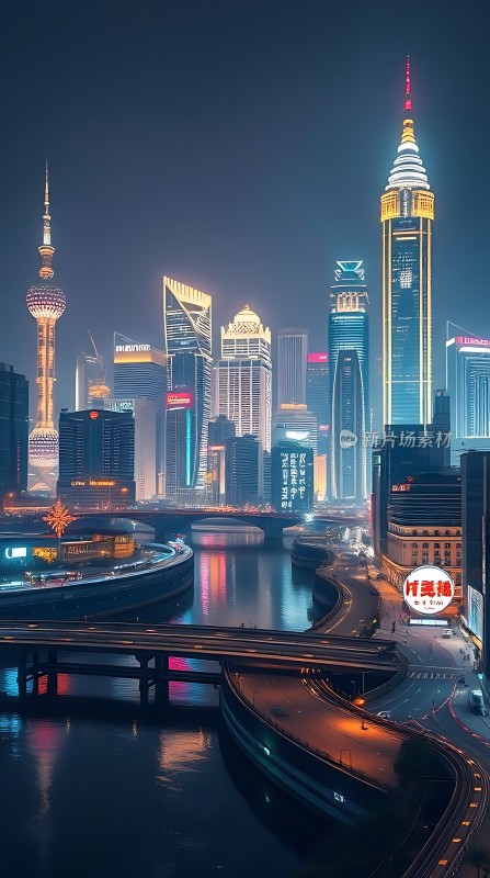 上海夜景黄浦江畔繁华都市