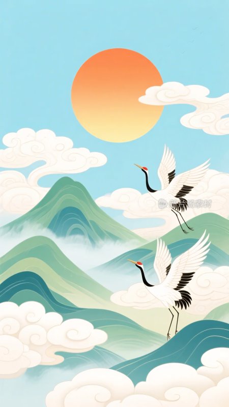 山水间双鹤伴日飞翔图景