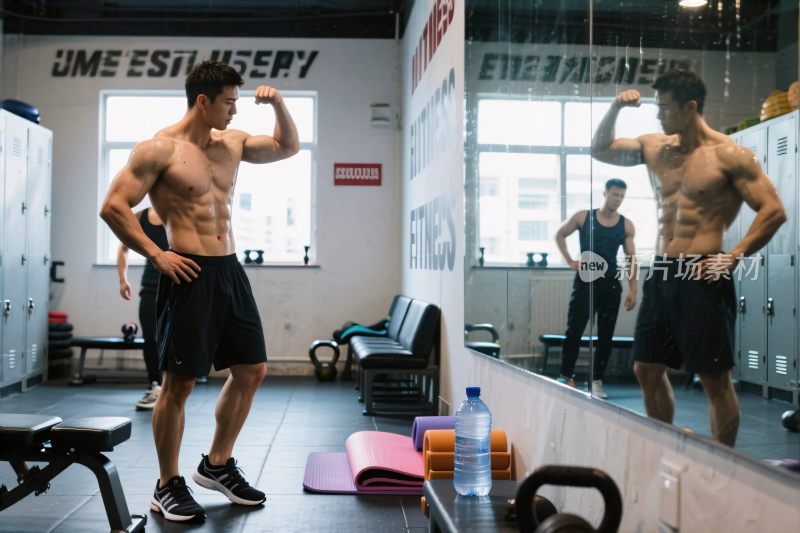 健身房内男子健身展示
