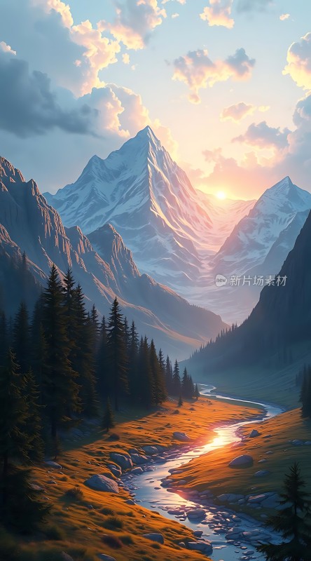 晨曦映照下的雪山溪谷