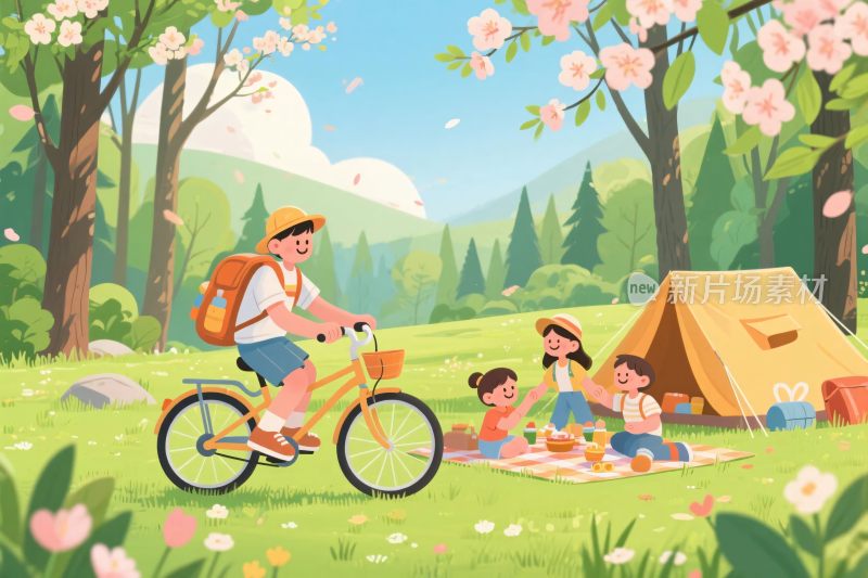 户外家庭野餐与骑行场景
