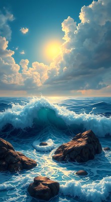 阳光下的海浪与岩石