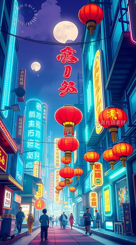 霓虹灯下的繁华夜市