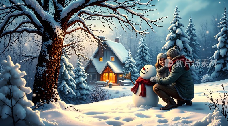 雪夜温馨家庭时光