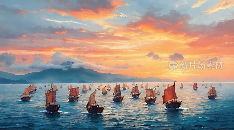 日落下的帆船群