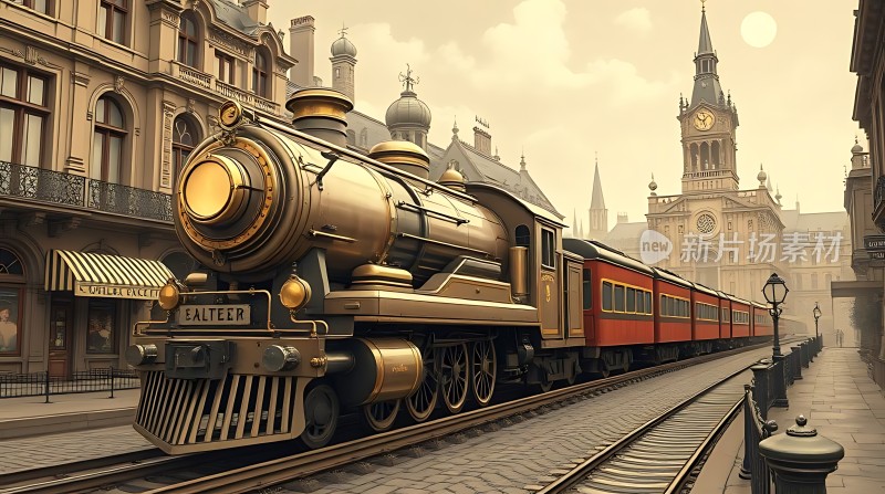 蒸汽火车驶入复古城市