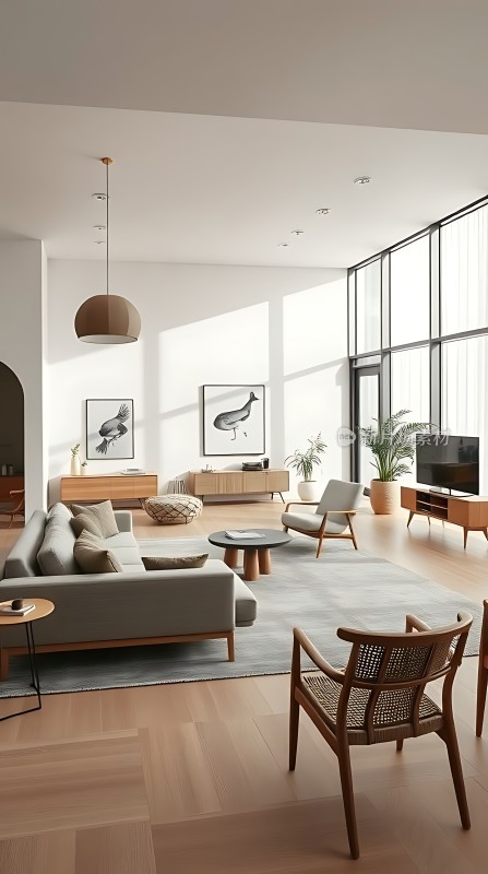 现代简约客厅自然光线充足家具简洁大方装饰画和绿植点缀其中